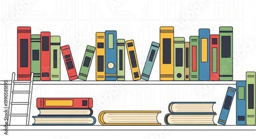 Colorful Books on Shelves with Ladder.