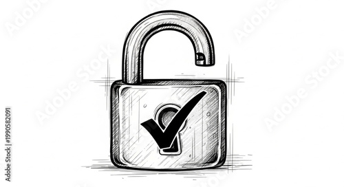 Open padlock with check mark symbol sketch.