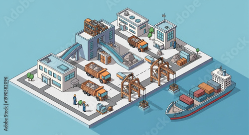 Isometric industrial city with cargo ship and trucks.