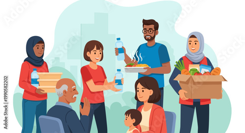 Diverse group of volunteers distributing food and water to people in need.