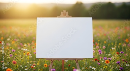 Blank Canvas on Wooden Easel in Colorful Field at Sunset