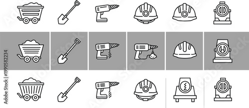Construction industry icons set mining tools helmet equipment outline vector collection minimal modern engineering industrial symbols