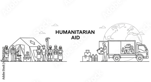 Humanitarian aid illustration showing people receiving supplies from a delivery truck and a relief tent.