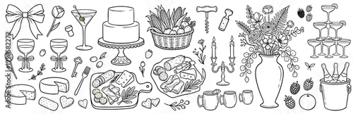Elegant Party Celebration Line Art Collection: Hand-Drawn Charcuterie, Champagne Tower, Floral Vase, and Gourmet Appetizers Isolated on White