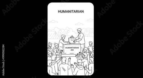 Illustration of people gathering around a humanitarian aid box for donation and support.