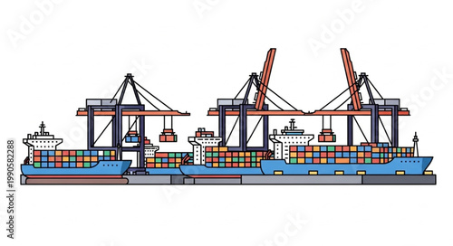 Cargo Ships and Cranes at a Busy Port Loading and Unloading Containers.