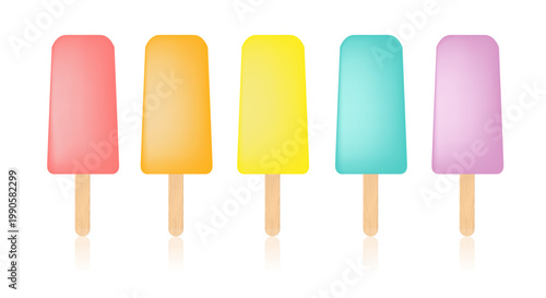 Set of Five Colorful Pastel Popsicle Ice Cream on Wooden Stick Isolated on White Background