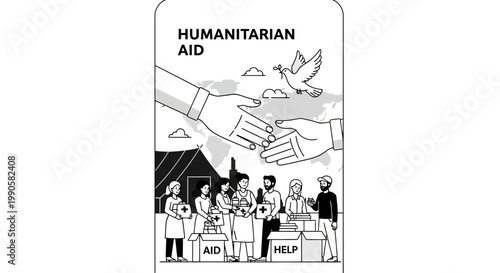 Humanitarian Aid Illustration showing Volunteers Distributing Boxes and Symbolic Helping Hands over World Map.