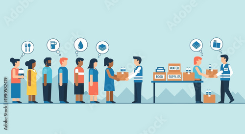 Diverse Group of People Queueing for Humanitarian Aid and Donation Boxes from Volunteers.