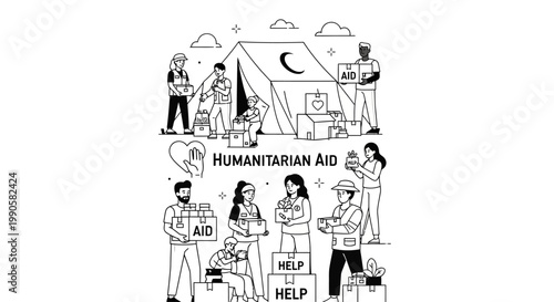 Illustration of Diverse Volunteers Providing Humanitarian Aid with Food Boxes and Supplies.