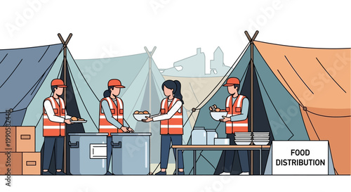 Volunteers distributing food to people in need at an outdoor relief camp.