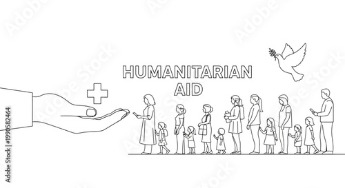 Continuous line art illustration of people waiting for humanitarian aid with a helping hand and peace dove.