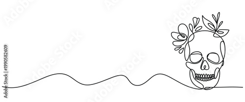 Abstract continuous line art drawing of a skull with floral elements isolated on transparent background