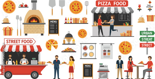 
Pizza Street Food and Restaurant Scene Set with Wood Oven, Food Stall, Customers, Menu, and Delivery Elements for Urban Food Designs