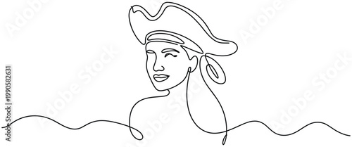 Abstract minimalist single line drawing of a pirate woman wearing a tricorne hat isolated on transparent background