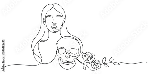 Abstract single line art drawing of a womans face beside a skull and roses on a white background