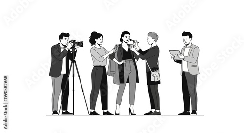 Media crew interviewing a fashion model on set.