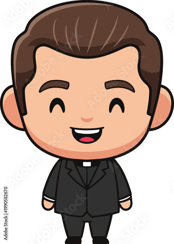 A cartoon illustration of a smiling priest in a black suit standing alone indoors.