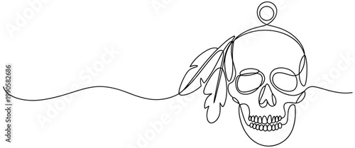 Abstract single line drawing of a human skull with feathers and a wavy line element