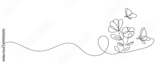 Delicate single line drawing of blooming flowers and fluttering butterflies on a white background