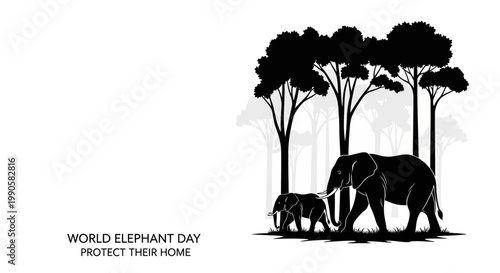 Silhouette of an adult elephant and a baby calf walking in a forest.