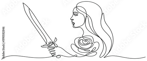 Elegant continuous line art drawing of a woman holding a sword with a rose design
