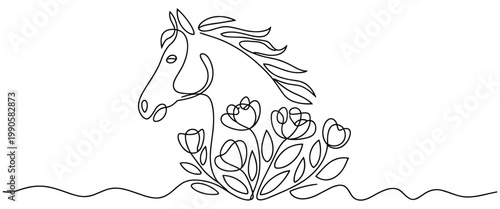 Elegant continuous line drawing of a horse head emerging from blooming flowers and wavy lines