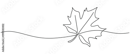 Minimalist single line drawing of a maple leaf with a flowing wavy line across the bottom