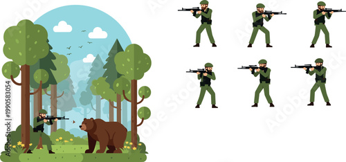 Hunter or Soldier Character Set in Green Uniform Aiming Rifle at Brown Bear in Forest Landscape for Wildlife Hunting and Outdoor Adventure DesignsHunter or Soldier Character Set in Green Uniform Aimin