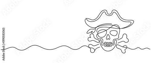 Single line drawing of a pirate skull and crossbones symbol with a hat over ocean waves
