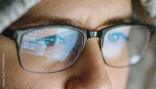 Close-up of a person wearing glasses with screen reflection.