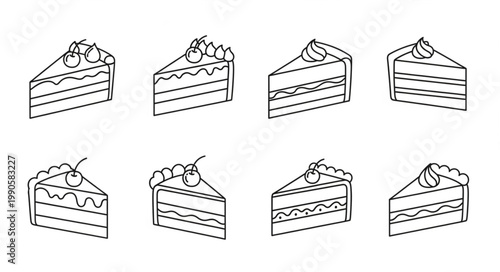 Collection of eight hand-drawn cake slices with cherries on top.