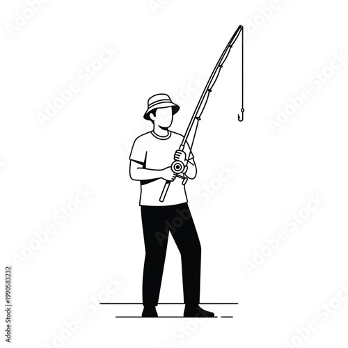 Fisherman in Hat Holding Fishing Rod Vector Illustration