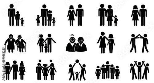 Collection of Diverse Family Unit Silhouettes Representing Different Generations.
