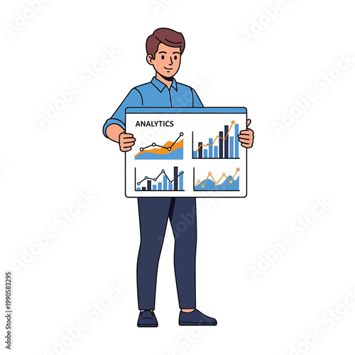 Professional Man Showing Digital Analytics Dashboard with Business Charts and Graphs