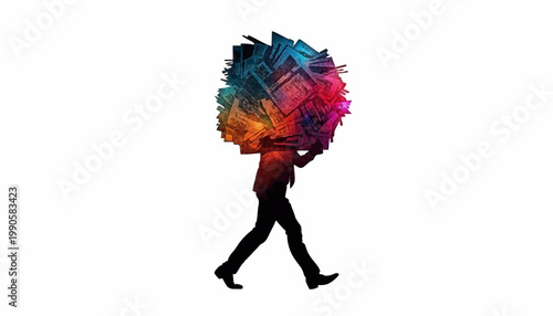 Silhouette of Office Worker Carrying Excessive Documents