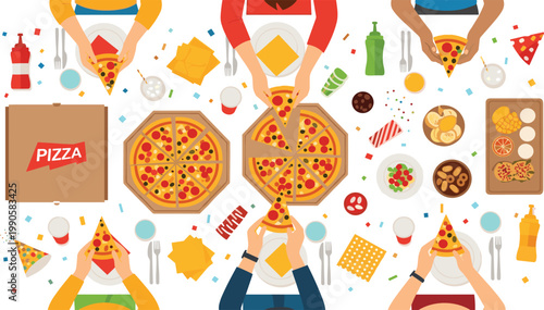 Flat Style Pizza Party Celebration Scene with Friends Sharing Pizza, Food, Drinks, and Confetti on Festive Table Top View