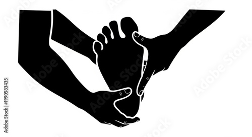 Silhouette of hands massaging a human foot.