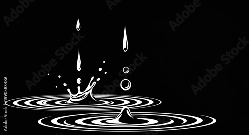 Water Droplets Falling and Creating Ripples on a Dark Surface.