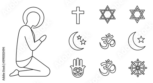 Religious symbols and a person praying illustration.