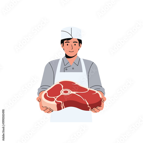 Friendly Butcher or Chef Holding a Large Fresh Raw Meat Steak Illustration