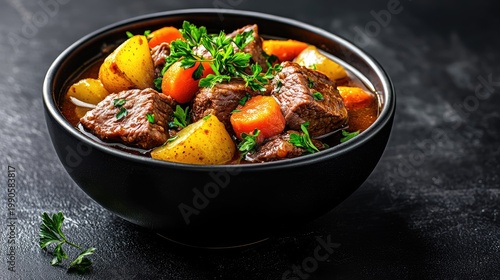 Hearty beef stew with potatoes, carrots, and fresh parsley in a black bowl on a dark background