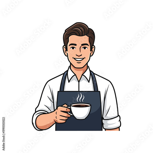 Friendly male barista holding a steaming hot cup of coffee, smiling cheerfully in his apron.