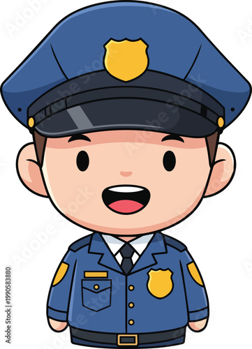 A cartoon illustration of a smiling police officer wearing a blue uniform and hat