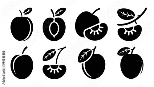 Minimal Plum Silhouette Icon Set  Whole, Half, and Slice Fruit Shapes
