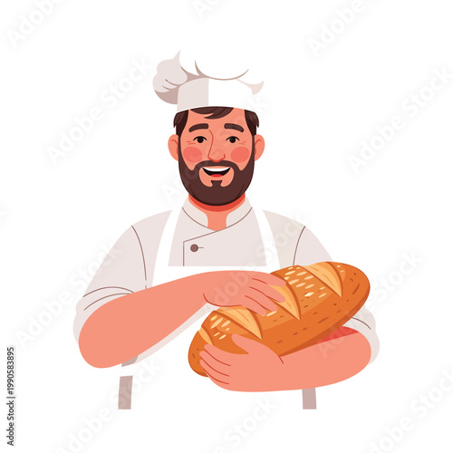 Happy Baker Holding Freshly Baked Artisan Bread. Smiling Male Chef in Uniform Presenting Homemade Loaves