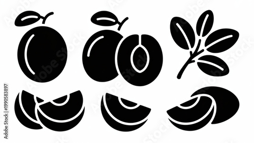 Minimal Plum Silhouette Icon Set  Whole, Half, and Slice Fruit Shapes