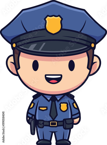 A smiling cartoon police officer in blue uniform and hat stands proudly.
