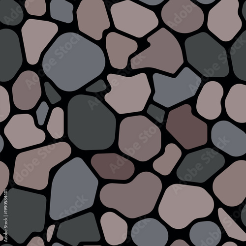 Abstract paving stone seamless patten. Vector cobblestone mosaic shapes natural grey brown background. Rubble stone print. Geometric irregular gravel tile texture for fabric, fashion, textile.