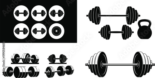 Dumbbell and kettlebell fitness icons set gym weights barbell strength training equipment silhouette vector collection bodybuilding exercise sport